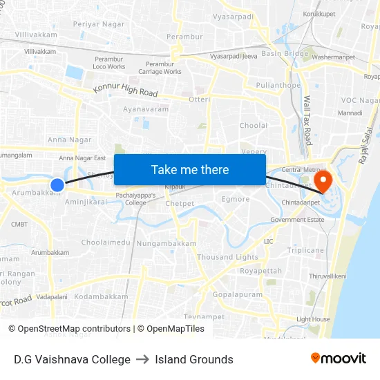 D.G Vaishnava College to Island Grounds map