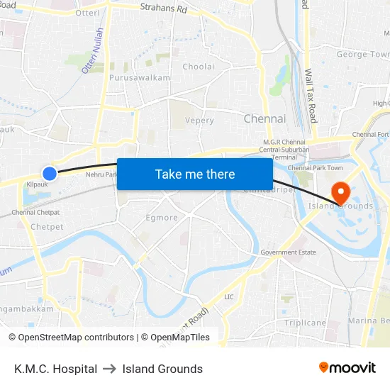K.M.C. Hospital to Island Grounds map