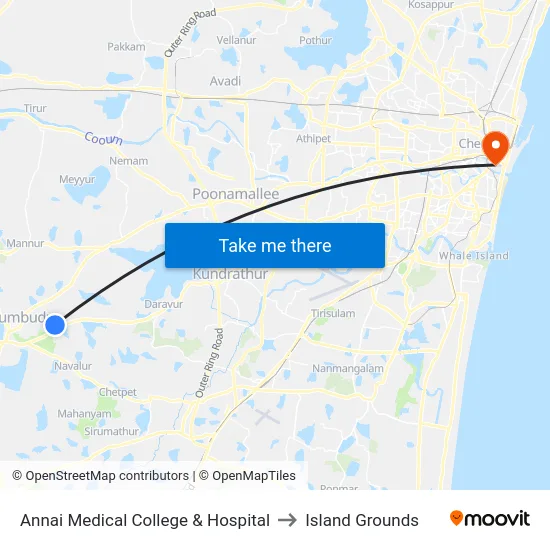 Annai Medical College & Hospital to Island Grounds map