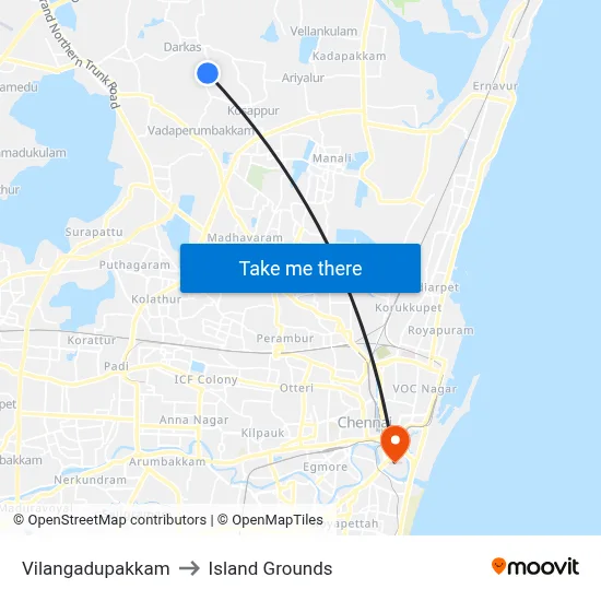 Vilangadupakkam to Island Grounds map