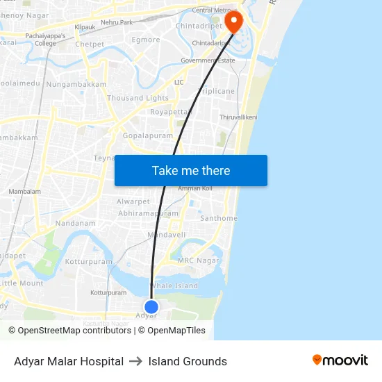 Adyar Malar Hospital to Island Grounds map