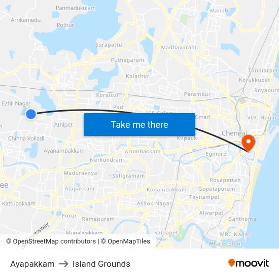 Ayapakkam to Island Grounds map