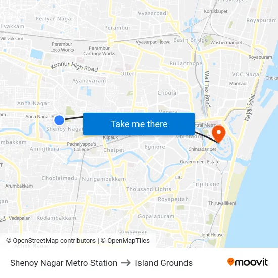 Shenoy Nagar Metro Station to Island Grounds map