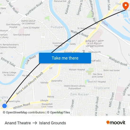Anand Theatre to Island Grounds map