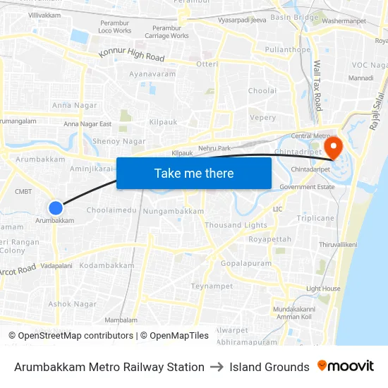 Arumbakkam Metro Railway Station to Island Grounds map