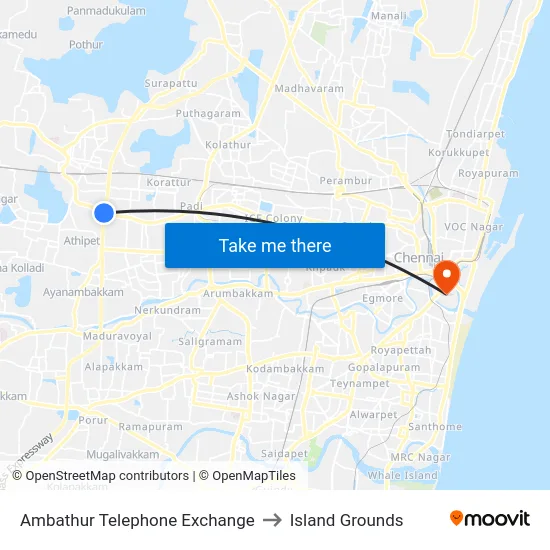 Ambathur Telephone Exchange to Island Grounds map