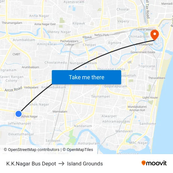 K.K.Nagar Bus Depot to Island Grounds map