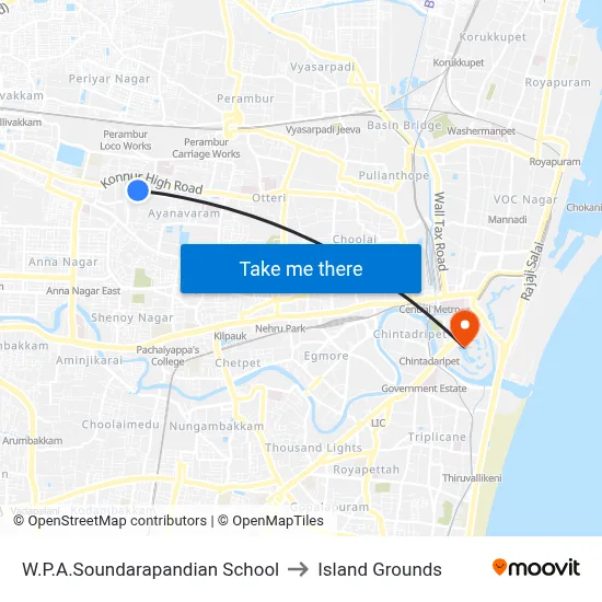 W.P.A.Soundarapandian School to Island Grounds map