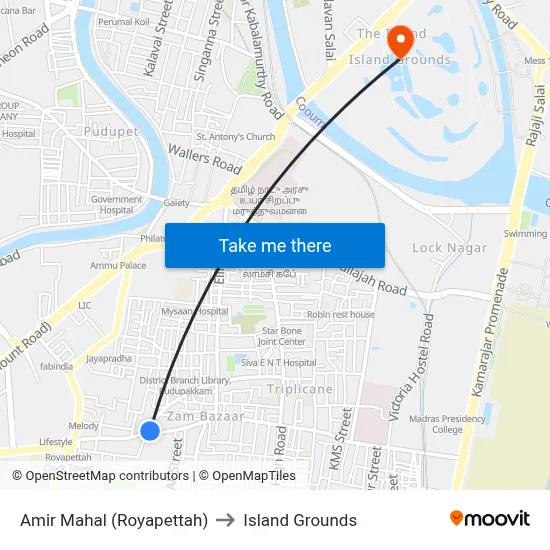 Amir Mahal (Royapettah) to Island Grounds map
