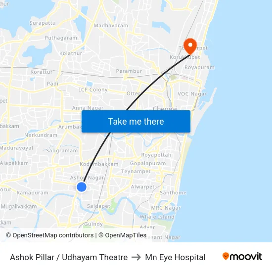 Ashok Pillar / Udhayam Theatre to Mn Eye Hospital map