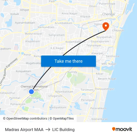मद्रास हवाई अड्डा एमएए to एलआईसी बिल्डिंग map