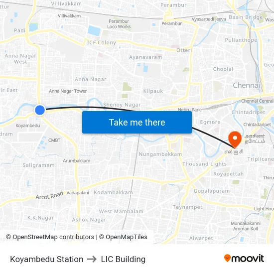 Koyambedu Station to LIC Building map