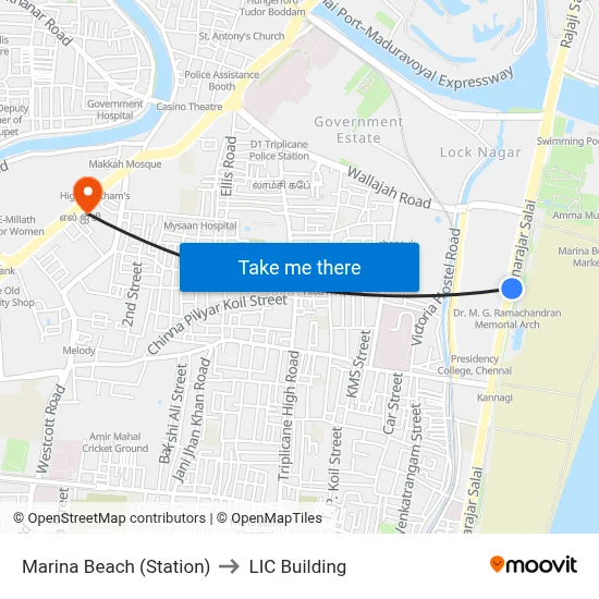 Marina Beach (Station) to LIC Building map