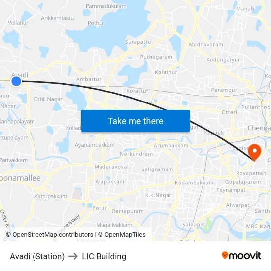 Avadi (Station) to LIC Building map