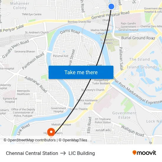 चेन्नई सेंट्रल स्टेशन to एलआईसी बिल्डिंग map