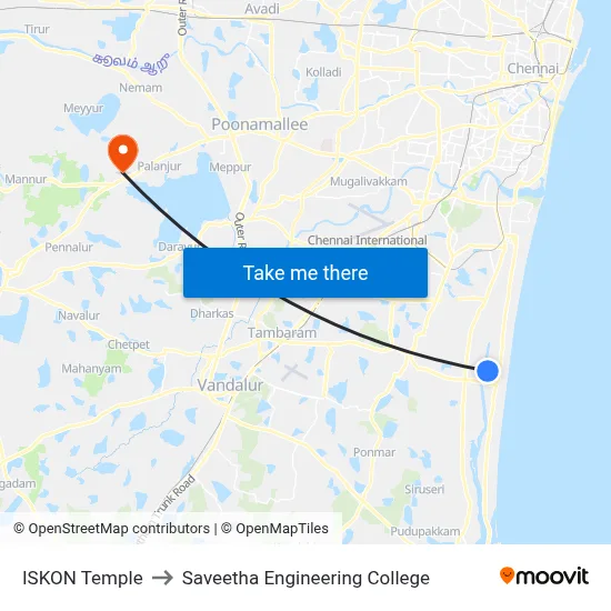 ISKON Temple to Saveetha Engineering College map