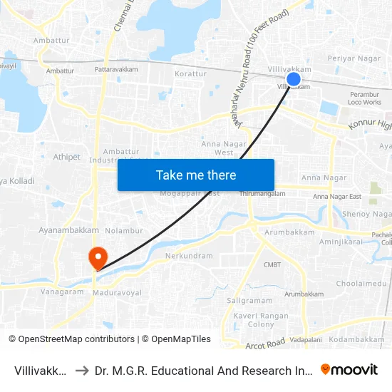 Villivakkam to Dr. M.G.R. Educational And Research Institute map