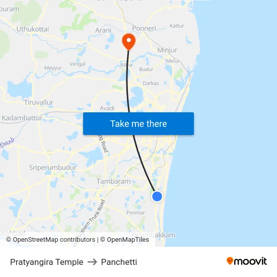 Pratyangira Temple to Panchetti map