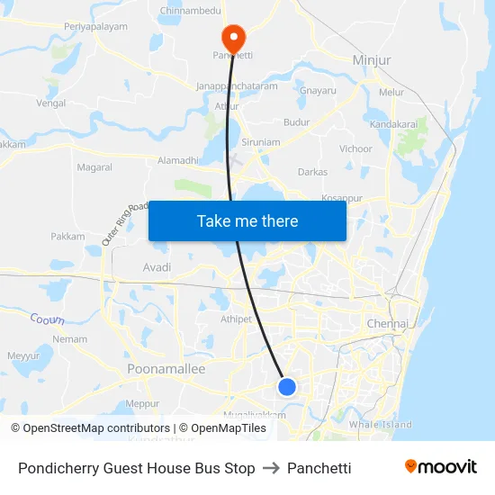 Pondicherry Guest House Bus Stop to Panchetti map