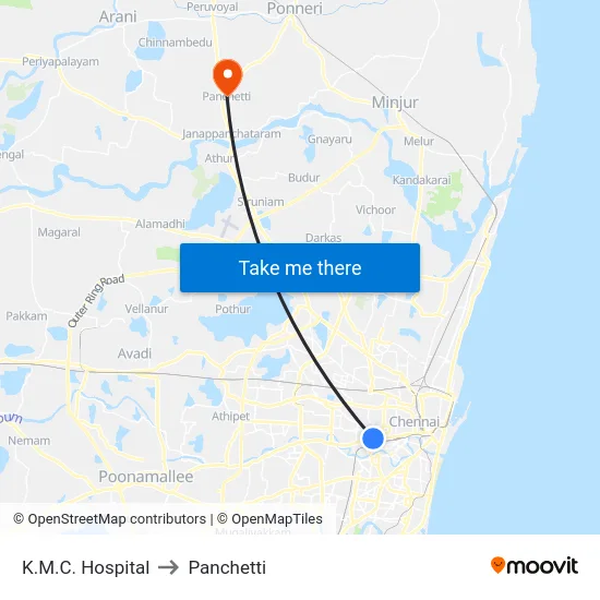 K.M.C. Hospital to Panchetti map