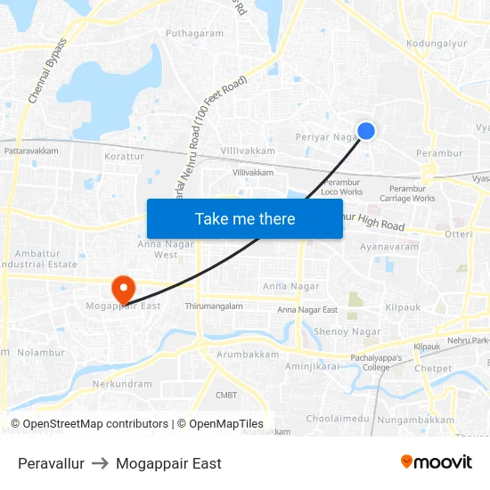Peravallur to Mogappair East map