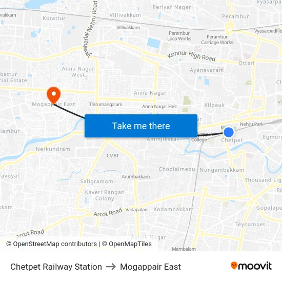 Chetpet Railway Station to Mogappair East map