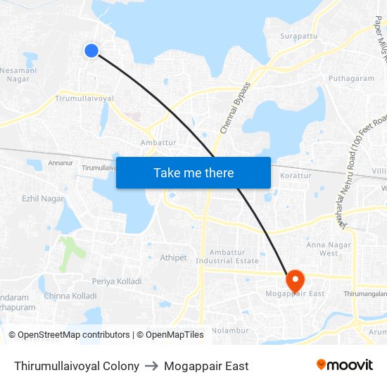 Thirumullaivoyal Colony to Mogappair East map