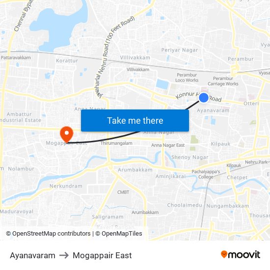 Ayanavaram to Mogappair East map