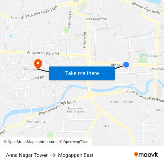 Anna Nagar Tower to Mogappair East map