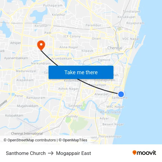Santhome Church to Mogappair East map