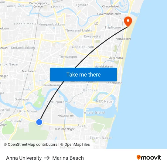 Anna University to Marina Beach map