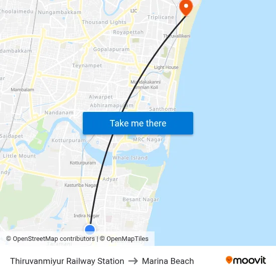 Thiruvanmiyur Railway Station to Marina Beach map