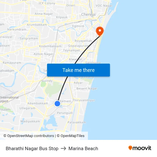 Bharathi Nagar Bus Stop to Marina Beach map