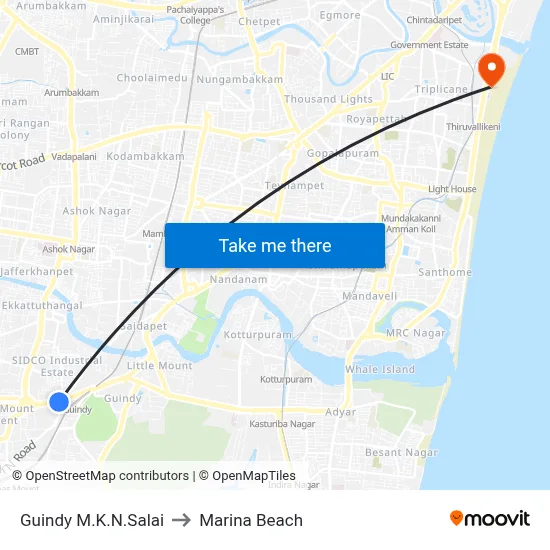 Guindy M.K.N.Salai to Marina Beach map
