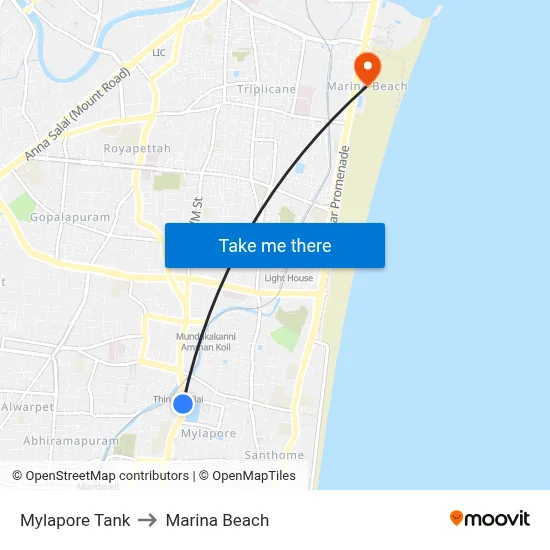 Mylapore Tank to Marina Beach map