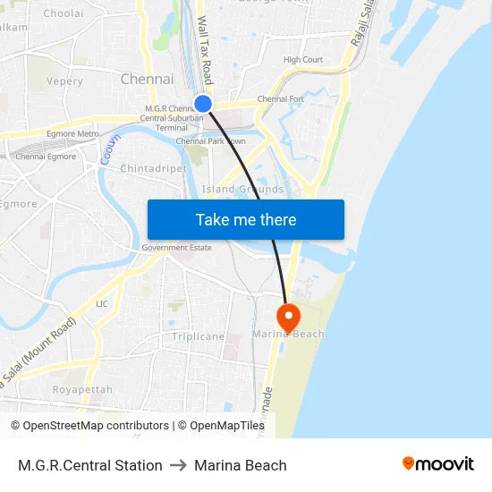 M.G.R.Central Station to Marina Beach map