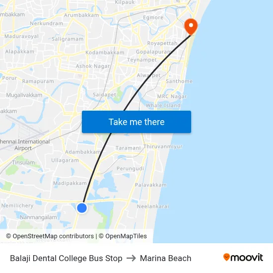 Balaji Dental College Bus Stop to Marina Beach map