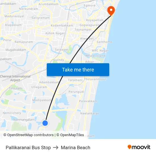 Pallikaranai Bus Stop to Marina Beach map