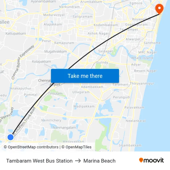 Tambaram West Bus Station to Marina Beach map