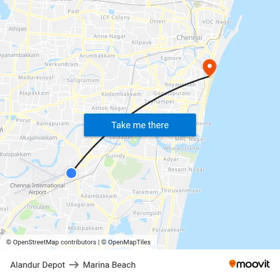 Alandur Depot to Marina Beach map