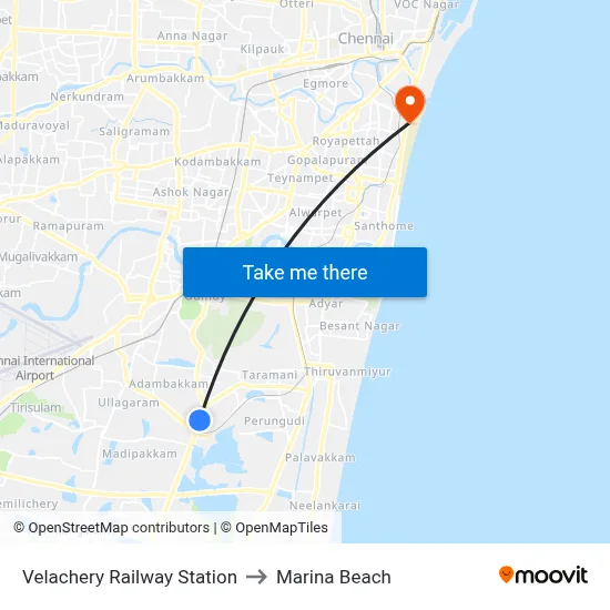 Velachery Railway Station to Marina Beach map