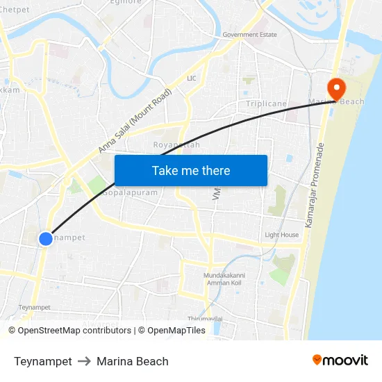 Teynampet to Marina Beach map