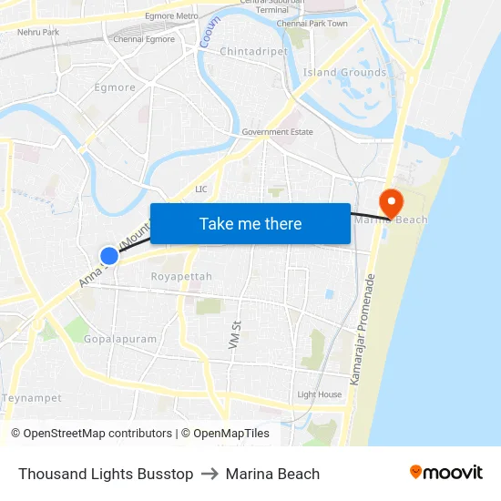 Thousand Lights Busstop to Marina Beach map