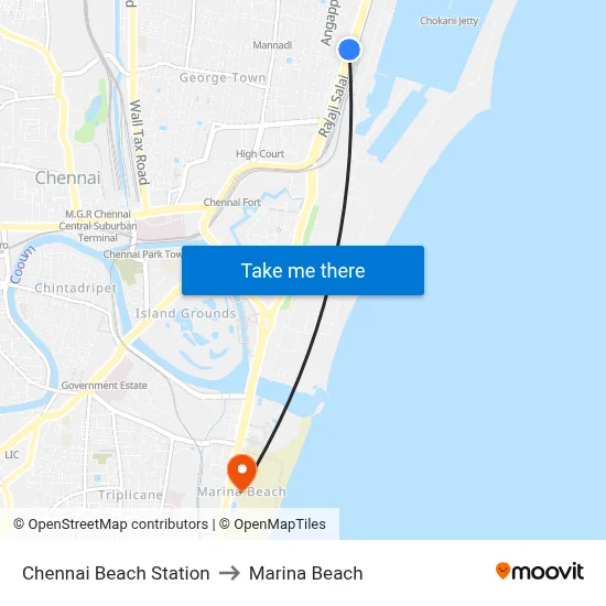 Chennai Beach Station to Marina Beach map