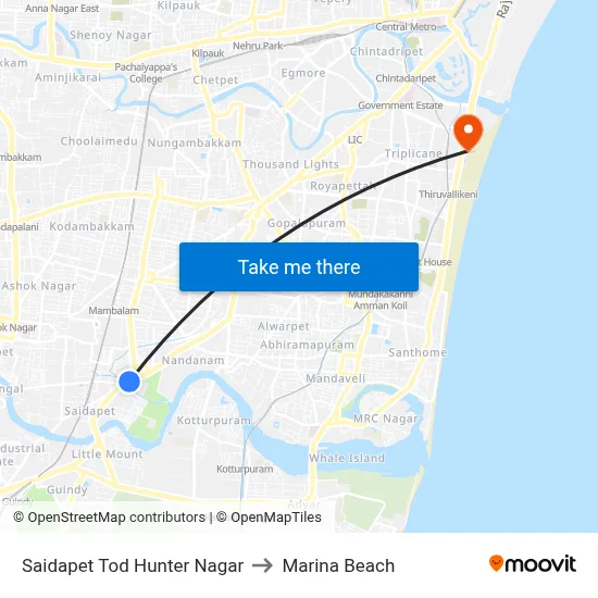 Saidapet Tod Hunter Nagar to Marina Beach map