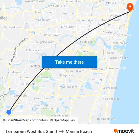 Tambaram West Bus Stand to Marina Beach map