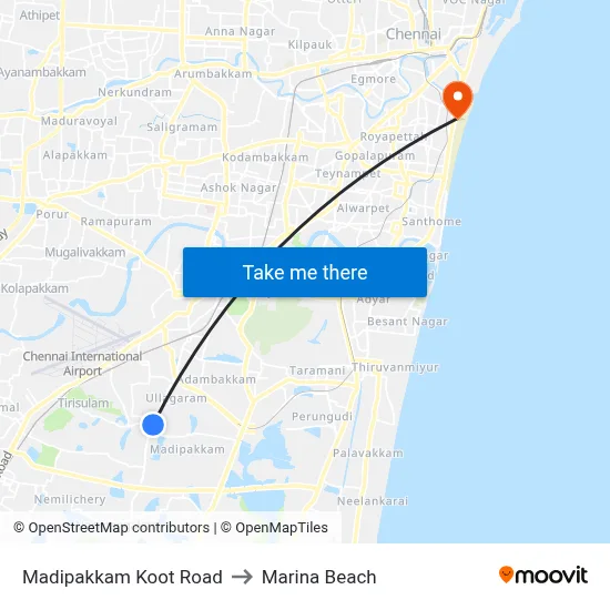 Madipakkam Koot Road to Marina Beach map