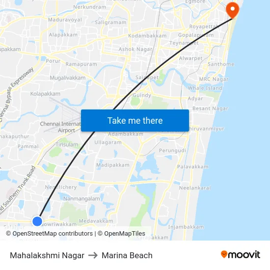 Mahalakshmi Nagar to Marina Beach map