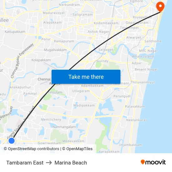 Tambaram East to Marina Beach map