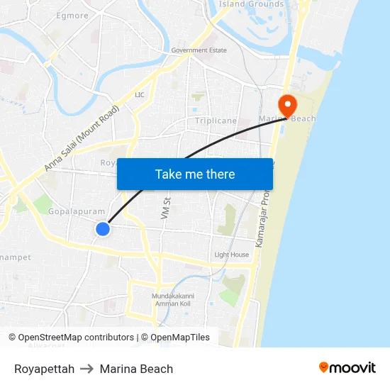 Royapettah to Marina Beach map